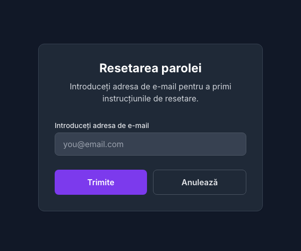 Formularul de resetare a parolei
