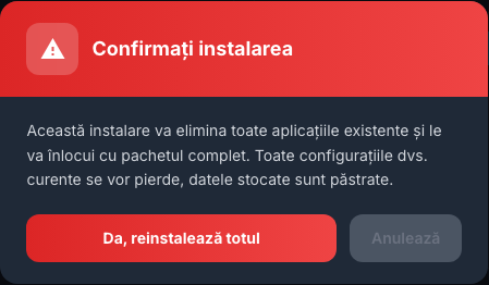 Avertisment afișat înainte de reinstalarea completă a aplicațiilor