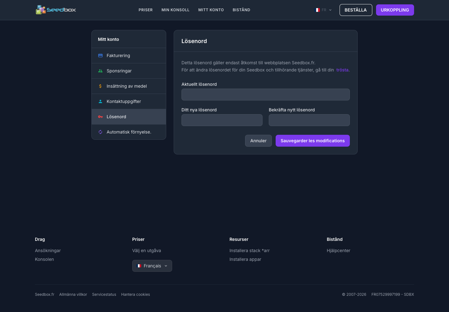 Formulaire permettant de changer le mot de passe du compte
