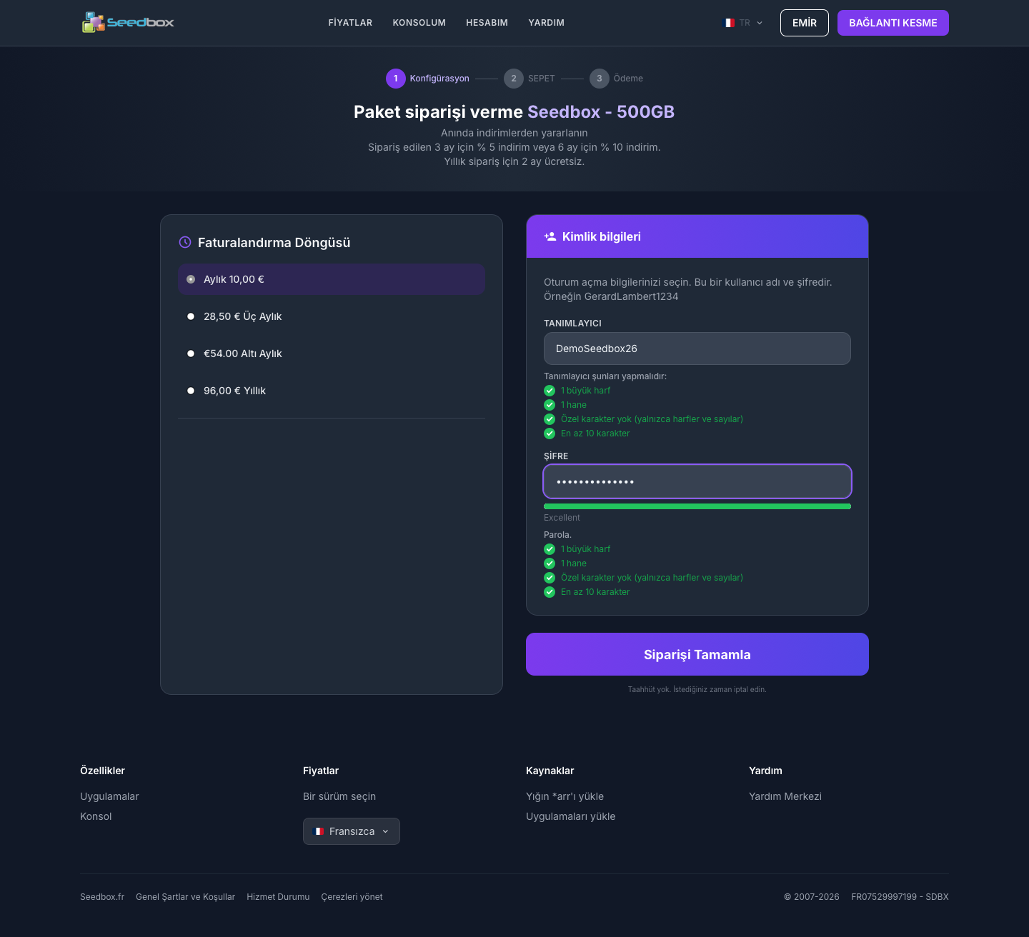Choix du cycle de facturation et des identifiants de la seedbox
