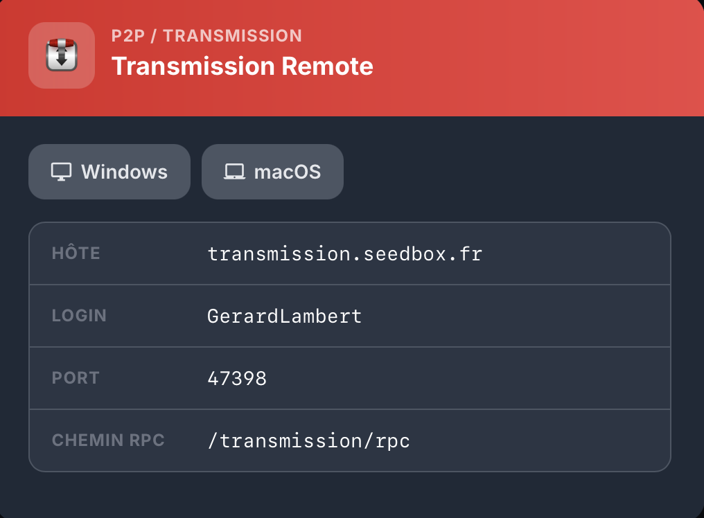 Modale de configuration Transmission Remote