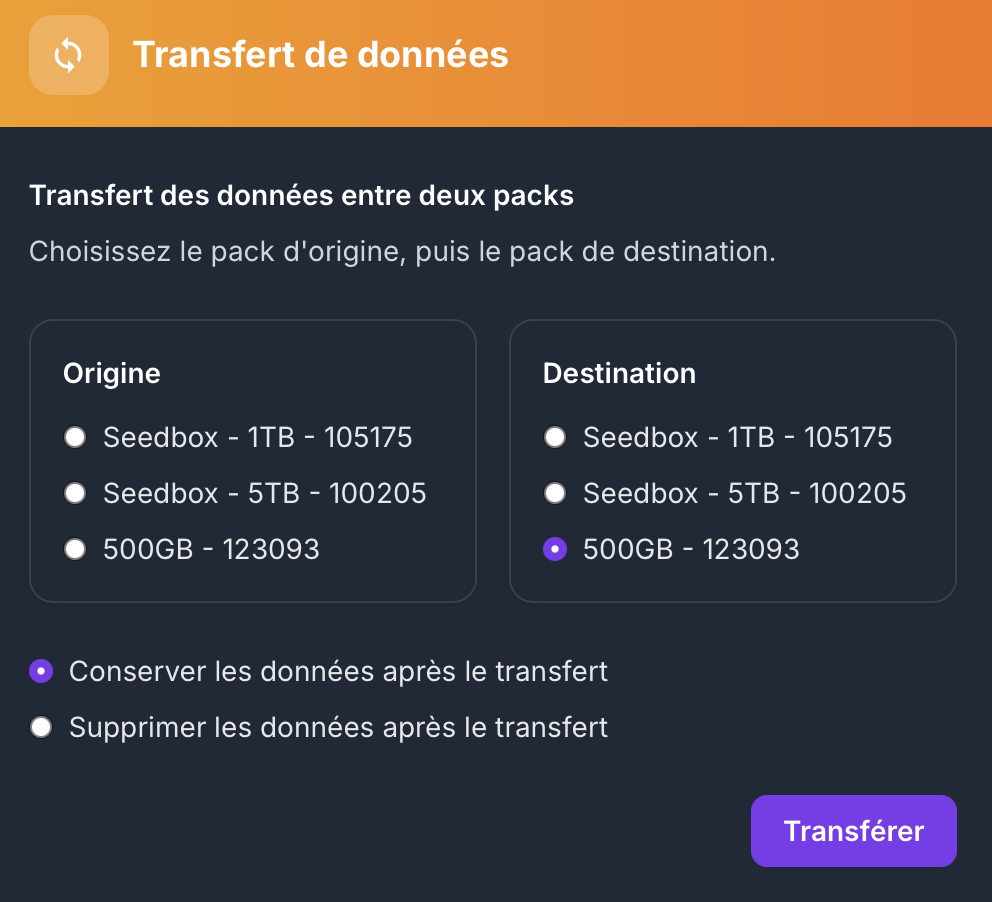 Transfert de données entre packs